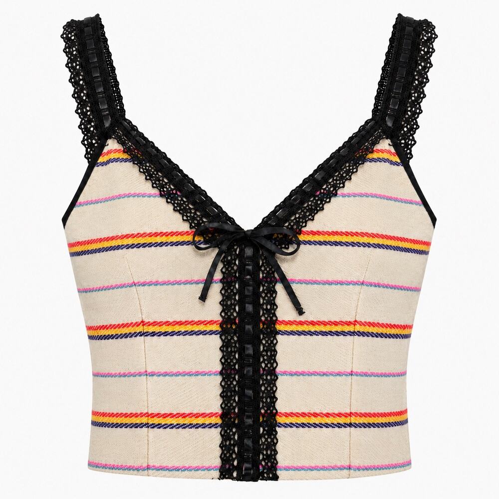 Tracy Feith Vintage 90s Y2K Corset Top XS Lace Striped Cotton Bustier Boho Indie